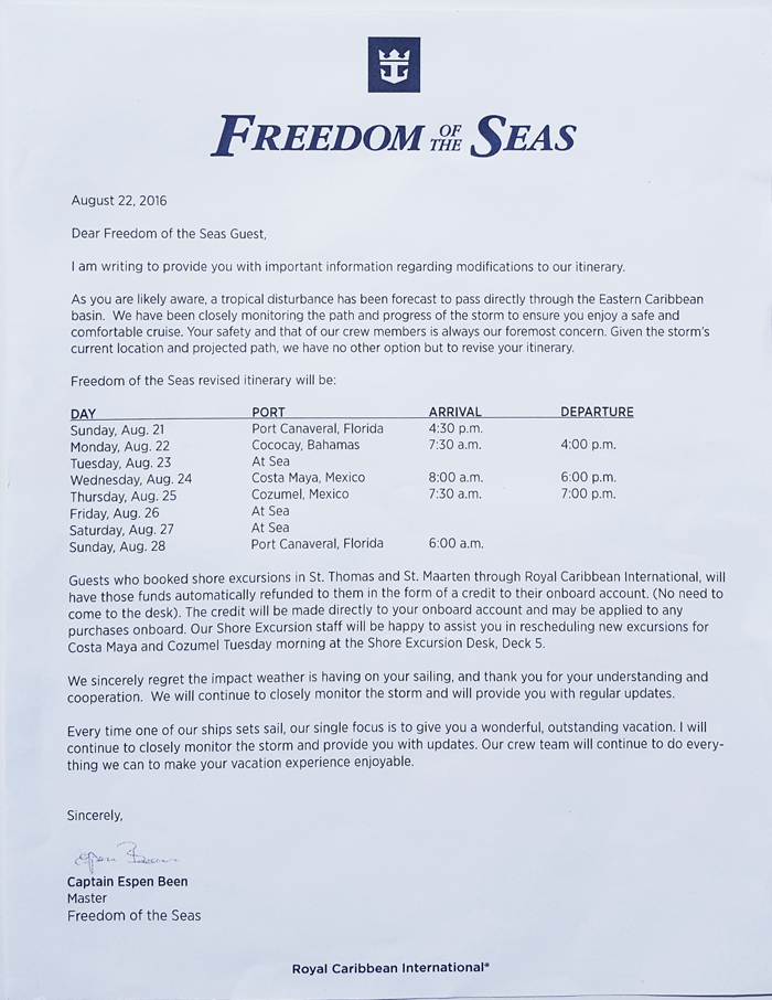 Royal Caribbean International Freedom of the Seas Cruise Ship Itinerary Change