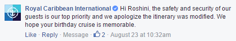 Royal Caribbean Facebook response to itinerary change